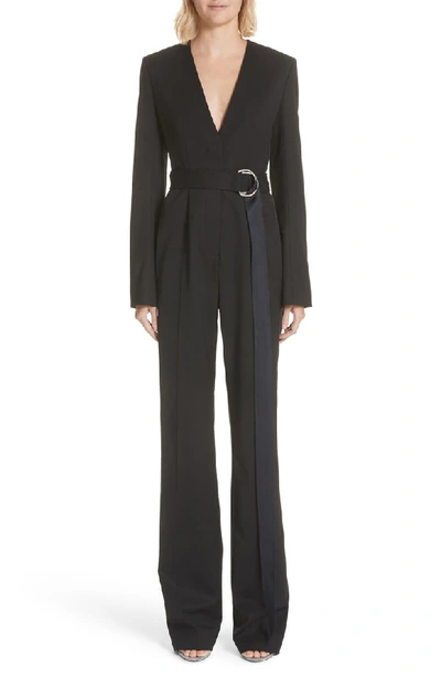 Calvin Klein 205w39nyc Long-sleeve V-neck Belted Jumpsuit In Black Dark Navy