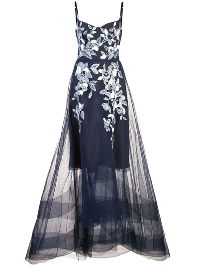 Marchesa Notte Sleeveless Beaded Embroidered Hi Lo Gown In Navy