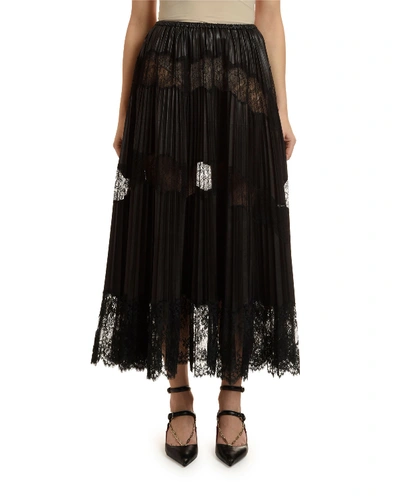 Valentino Lace-inset Pleated Leather Skirt