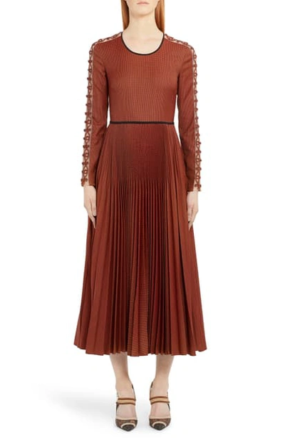 Fendi Long Sleeve Rope Trim Pleated Wool Blend Midi Dress In Whitman
