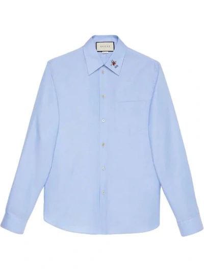 Gucci Bee & Gg Embroidered Boxy Fit Oxford Shirt In Sky Blue