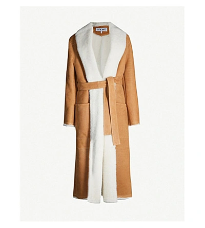 Loewe Long Hooded Shearling Coat In Camel