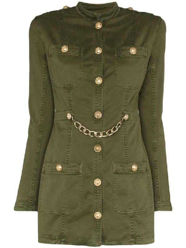 Balmain Chainlink Stretch Cotton Military Jacket In Green | ModeSens