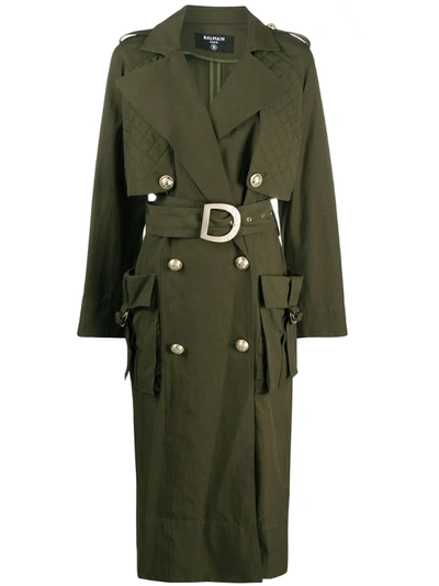 Balmain Belted Double-breasted Cotton-blend Trench In Green