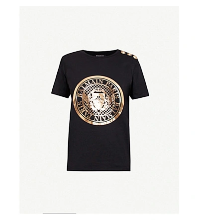 Balmain Metallic Logo-print Cotton-jersey T-shirt In Black