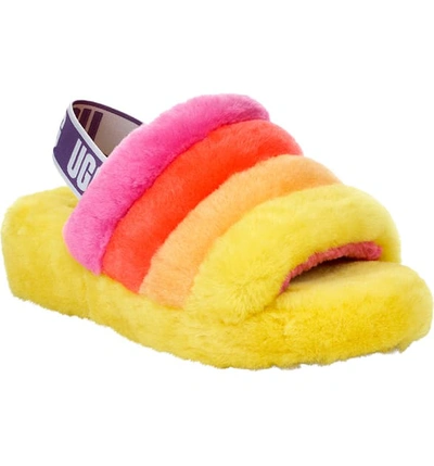 Ugg X Born This Way Foundation Pride Fluff Yeah Rainbow Shearling Sandal Slippers In Pride Yellow