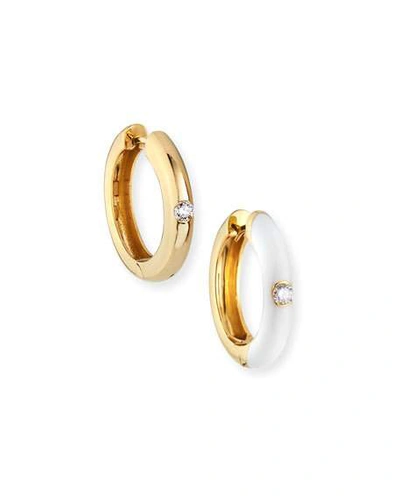 Adolfo Courrier 18k Gold Mismatch White Enamel & Diamond Hoop Earrings