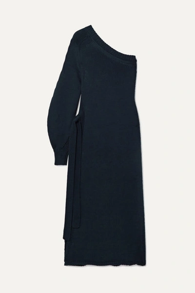 Rosetta Getty One-shoulder Wrap-effect Knitted Tunic In Midnight Blue