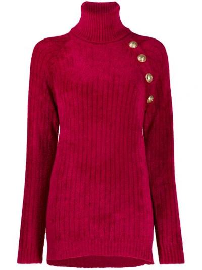 Balmain Button-embellished Chenille Turtleneck Sweater In Red