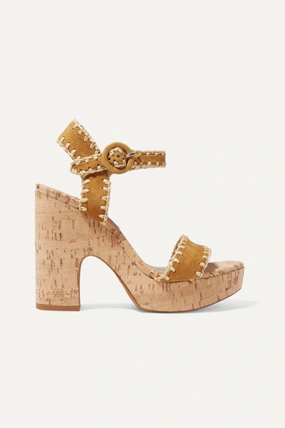Tabitha Simmons Elena Whipstitched Raffia And Suede Platform Sandals In Tan
