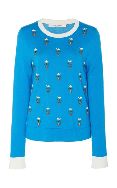 Carolina Herrera Floral-embroidered Cashmere And Silk-blend Sweater In Blue