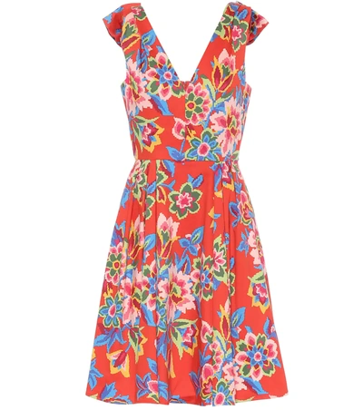 Carolina Herrera Bow-embellished Pleated Floral-print Cotton-blend Dress In Chili Red