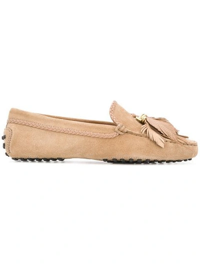Tod's Gommino Feather Tassel Loafers In Neutrals