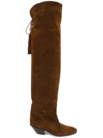 Saint Laurent Knee-length Tassel Boots In Brown