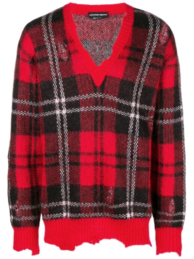 Alexander Mcqueen Plaid Mohair Wool V-neck Sweater In Red/black