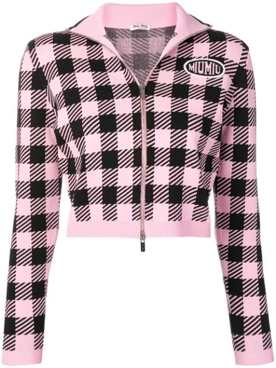 Miu Miu Checked Zip-up Cardigan In Pink