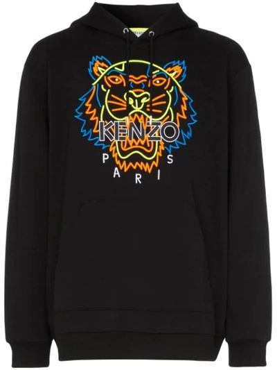 Kenzo Neon Tiger Embroidered Hooded Cotton Jumper In Black