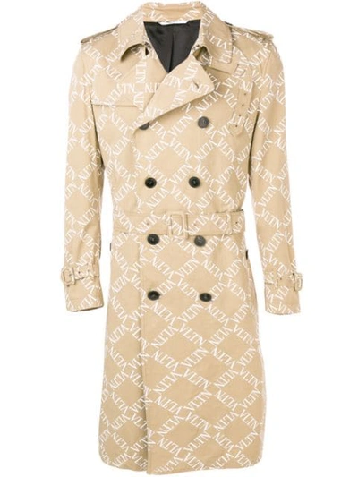 Valentino Double-breasted Logo Print Trench Coat In Neutrals