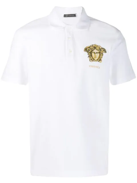 Versace Embroidered Medusa Polo Shirt In White | ModeSens