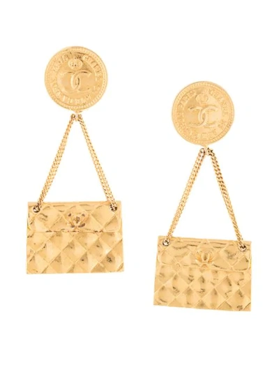 Pre-owned Chanel 1980s Cc Bag Motif Earrings In Gold