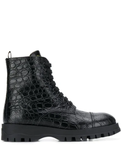 Prada Lace-up Crocodile-effect Leather Boots In Black