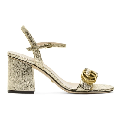 Gucci Marmont Logo-embellished Metallic Cracked-leather Sandals In Gold