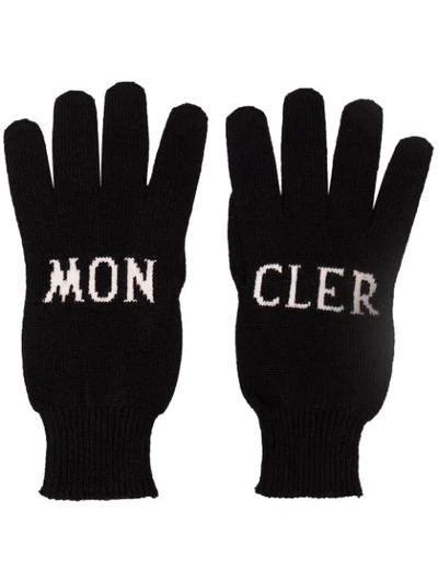 Moncler Intarsia Knit Logo Gloves In Black