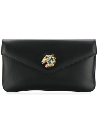Gucci Broadway Leather Clutch With Tiger In Black