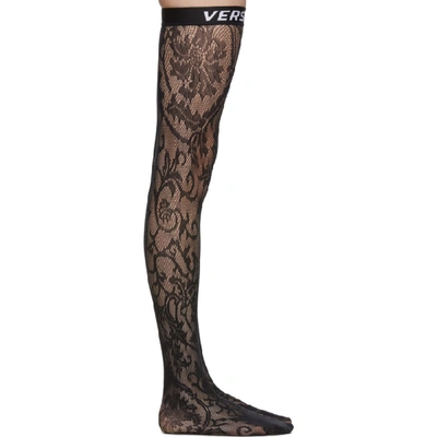 Versace Underwear Black Logo Band Lace Stockings In A1008 Black