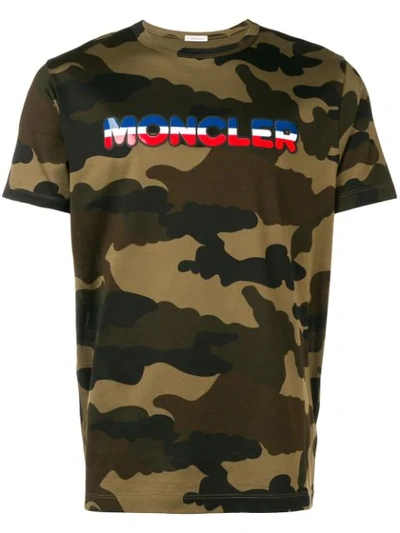 Moncler Rubberised Logo Patch Camouflage Print T-shirt In Green