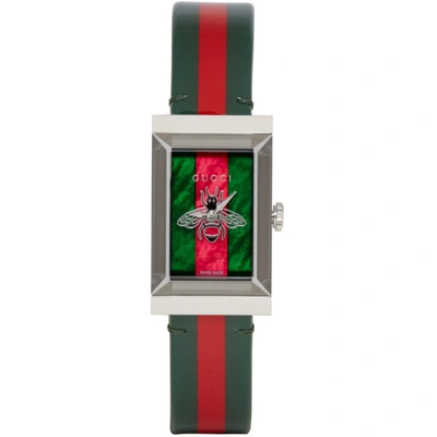 Gucci Green & Red G-frame Watch In Steel