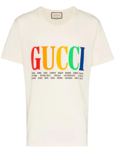 Gucci Rainbow Cities Print Cotton T Shirt In 7550 Beige