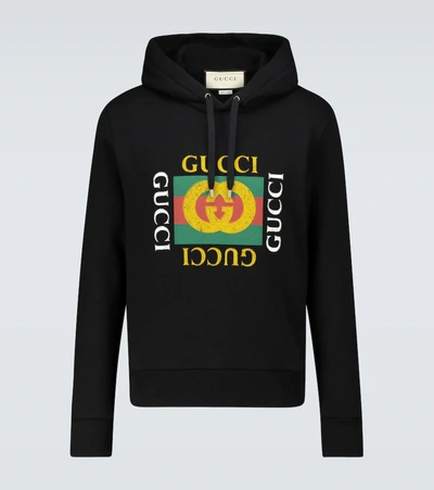 Gucci Logo Printed Cotton Sweatshirt Hoodie In Black