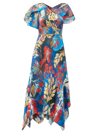 Peter Pilotto Cape-sleeve Floral-print Silk Midi Dress In Gold Leaf Small