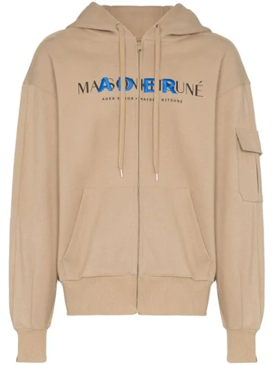 Maison Kitsuné Ader Error Oversized Logo-print Cotton-blend Jersey Zip-up Hoodie In Neutrals