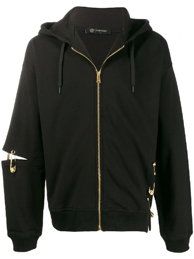 Versace Men's Safety-pin Zip-front Hoodie In Black
