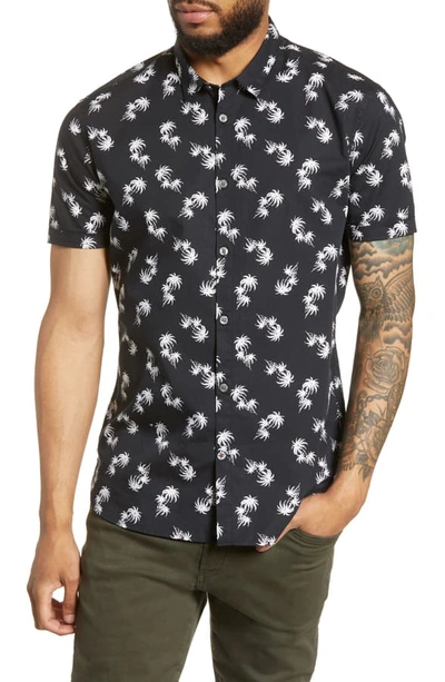 John Varvatos Jasper Regular Fit Palm Print Short Sleeve Button-up Shirt In Black/ White