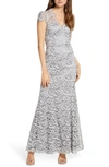 Eliza J Embroidered Lace Trumpet Gown In Mist