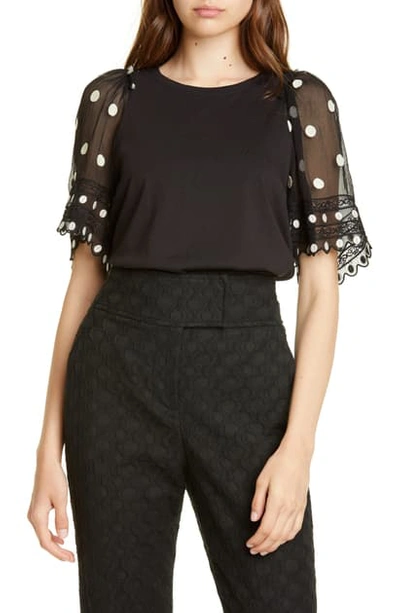 Rebecca Taylor Embroidered Contrast Polka-dot Top In Black