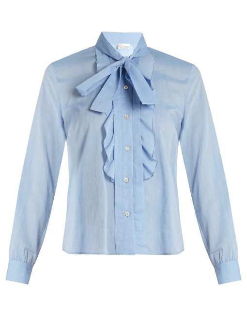 Red Valentino Tie-neck Cotton-voile Shirt In Sky-blue | ModeSens