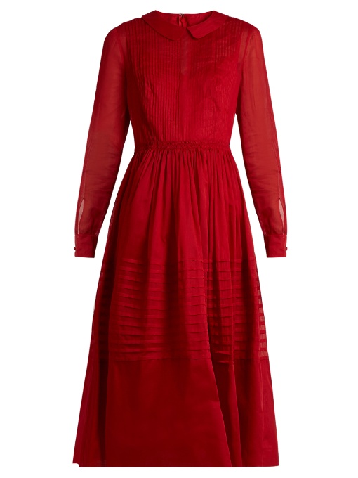 Valentino Long-sleeved Pleated Cotton-organza Dress In Red | ModeSens