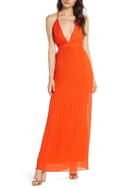 Fame And Partners The Caspian Plunge Neck Plisse Chiffon Gown In Tangerine