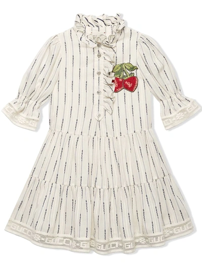Gucci Kids' Girls' Ruffled Dress W/ Embroidered Strawberries In Bianco/blu