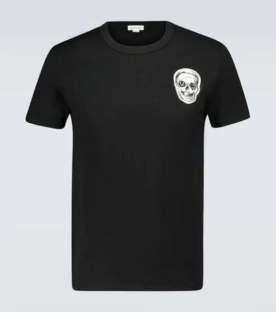 Alexander Mcqueen Skull Embroidered Cotton T-shirt In Black,silver,metallic
