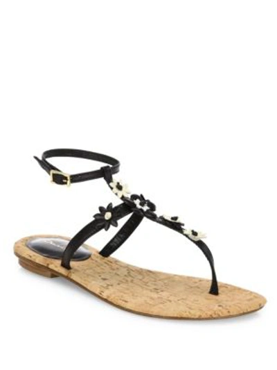 Oscar De La Renta Flower Leather T-strap Sandals In Black