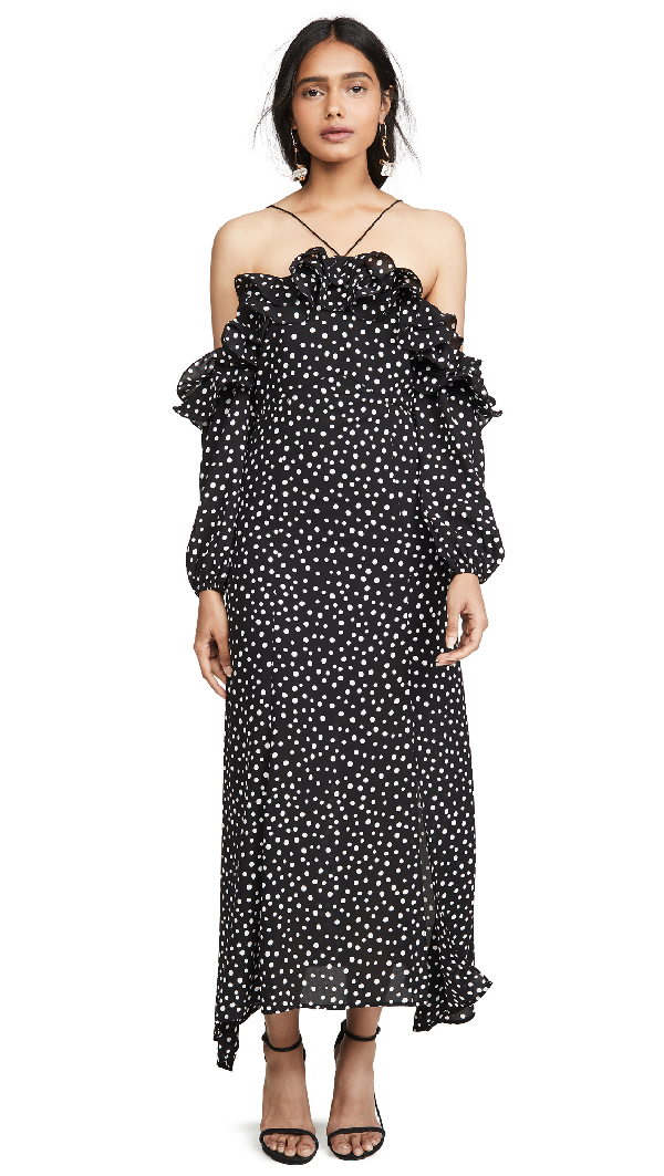 off the shoulder white polka dot dress