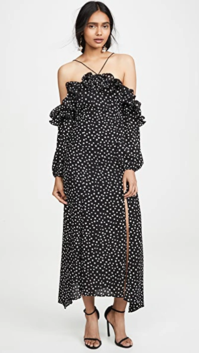 Likely Rocky Off-the-shoulder Polka Dot Midi Dress In Black/white