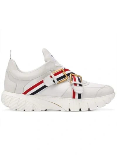 Thom Browne Chunky Outsole Stripe Buckle Strap Leather Sneakers In White
