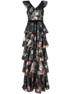 Marchesa Notte Metallic Printed V-neck Sleeveless Tiered Fil Coupe Ruffle Gown In Black