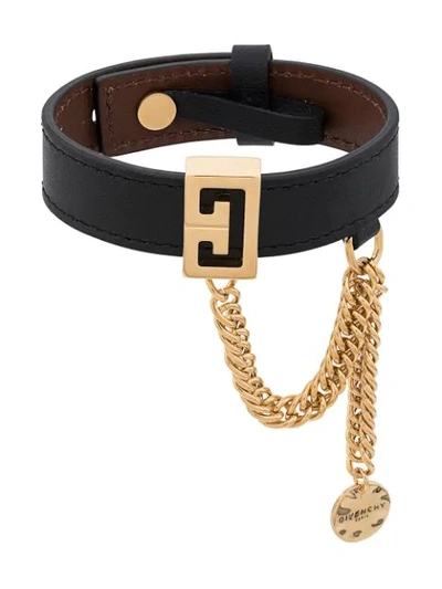 Givenchy Gold Logo Leather Wraparound Bracelet In Black